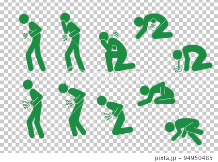 胃痛・腹痛でお腹を押さえる、うずくまる、倒れる等のポーズのピクトグラム 94950485