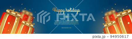 Christmas banner. Background christmas design with realistic gift box, shiny golden confetti. 94950617