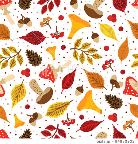 Vector colorful autumn seamless pattern with fall leaves, cone and mushrooms. Vector colorful autumn seamless pattern with fall leaves, cone and mushrooms. 94950805