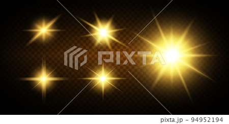 Set glow light effect with white sparks and golden stars shine with special light.White glowing light. Star Light from the rays. The sun is backlit. Bright beautiful star. Sunlight. EPS10. 94952194