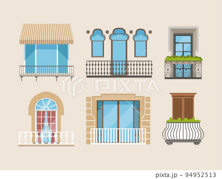 Classic balconies with doors and windows set. Architectural house facade exterior vector illustration 94952513