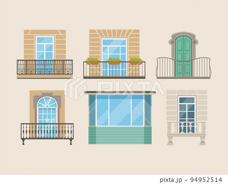 Modern and classic balconies with doors and windows set. Architectural house facade exterior vector illustration 94952514