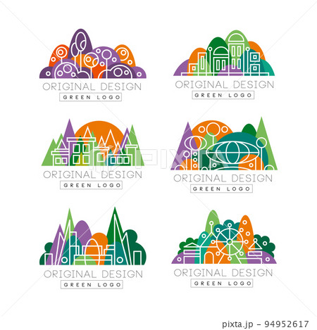 Green logo original design set. City landscape colorful abstract badges. Corporate identity labels vector illustratio 94952617
