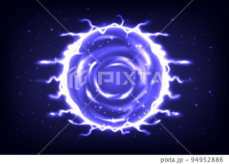 Circle teleport podium. Portal science futuristic stage. Sci-fi digital hi-tech in HUD projector. Magic gate in game fantasy. Portal to another universe. Warp ring, teleport gate in cartoon 94952886