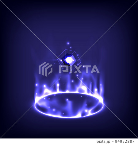 Product display interface. Neon lighting circle base. Portal and hologram science futuristic. Sci-fi in glowing HUD tech projector. Magic gate in game fantasy. Technology teleport podium 94952887