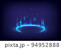 Product display and showing. GUI and UI virtual reality. Portal and hologram science futuristic. Sci-fi digital hi-tech in glowing HUD projector. Magic gate in game fantasy. Circle teleport podium 94952888