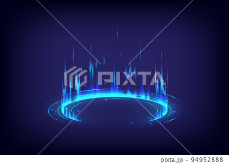 Product display and showing. GUI and UI virtual reality. Portal and hologram science futuristic. Sci-fi digital hi-tech in glowing HUD projector. Magic gate in game fantasy. Circle teleport podium 94952888
