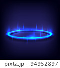 Product display interface. Neon lighting circle base. Portal and hologram science futuristic. Sci-fi in glowing HUD tech projector. Magic gate in game fantasy. Technology teleport podium 94952897