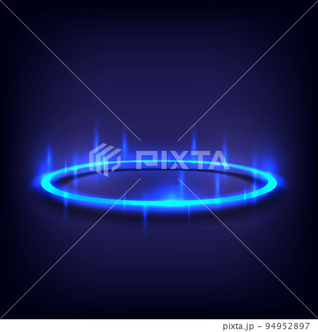 Product display interface. Neon lighting circle base. Portal and hologram science futuristic. Sci-fi in glowing HUD tech projector. Magic gate in game fantasy. Technology teleport podium 94952897