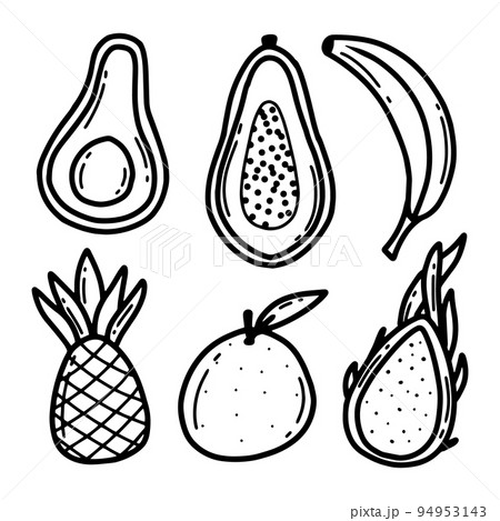 Tropical fruits set. Doodle style. Fruit collection banana, avocado, pineapple, papaya, dragon fruit. Vector illustration. Drawn fruits. Tropical fruits set. Doodle style. Fruit collection banana, avocado, pineapple, papaya, dragon fruit. Vector illustration. Drawn fruits. 94953143