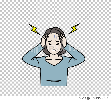 頭が痛い中年の女性　頭痛　脳梗塞　くも膜下出血　病気　症状　イラスト 94953994