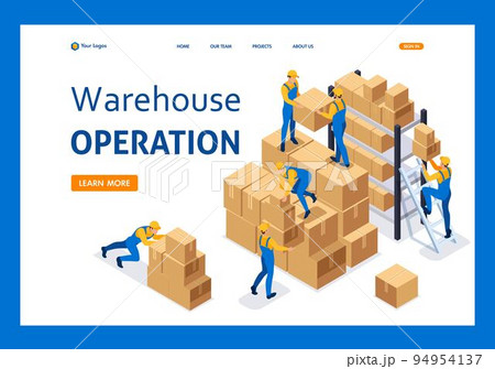 Isometric Workers in a warehouse collect boxes, warehouse work. Template Landing page 94954137