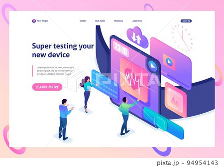 Isometric bright concept the team is testing a new device, the smart watch. Template Landing page 94954143