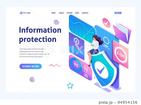Isometric concept Girl installs online application to protect data on your phone. Information protection. Landing page template for the site Isometric concept Girl installs online application to protect data on your phone. Information protection. Landing page template for the site 94954156