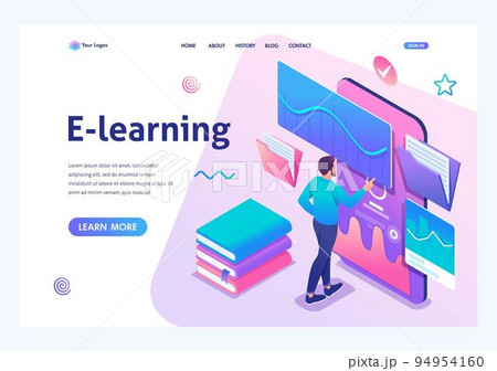 Isometric concept Man watching a lesson on the website, online training, e-learning. Mobile Application for training. Landing page template for the site Isometric concept Man watching a lesson on the website, online training, e-learning. Mobile Application for training. Landing page template for the site 94954160