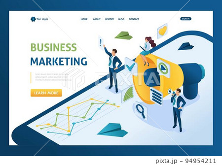 Isometric business marketing, businessmen next to the big megaphone and digital icons. Template landing page 94954211