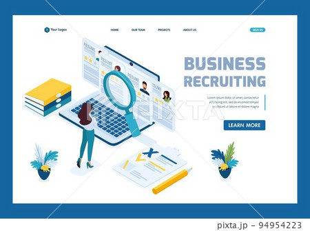 Isometric HR Manager, business recruiting manager reviews the resume options on the site. Template Landing page 94954223