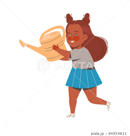 Little Girl Watering Plant in the Garden or Yard Vector Illustration 94954631