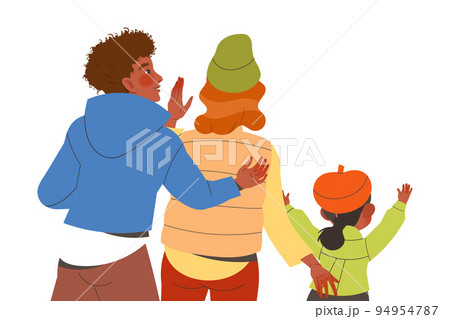 Happy Family with Mother, Father and Little Daughter Standing and Waving Hand Back View Vector Illustration Happy Family with Mother, Father and Little Daughter Standing and Waving Hand Back View Vector Illustration 94954787