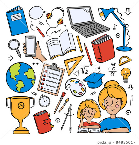 HOME SCHOOLING SET Hand Drawn Vector Collection Various School Supplies For Concept Online Learning Of Students On The Internet In Doodle Style For Design HOME SCHOOLING SET Hand Drawn Vector Collection Various School Supplies For Concept Online Learning Of Students On The Internet In Doodle Style For Design 94955017