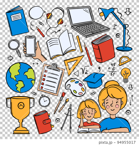 HOME SCHOOLING SET Hand Drawn Vector Collection Various School Supplies For Concept Online Learning Of Students On The Internet In Doodle Style For Design HOME SCHOOLING SET Hand Drawn Vector Collection Various School Supplies For Concept Online Learning Of Students On The Internet In Doodle Style For Design 94955017