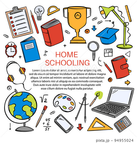 HOME SCHOOLING Various School Supplies For Learning Of Students On The Internet Vector Banner In The Style Of Doodle Hand Drawn With A Place For Your Text HOME SCHOOLING Various School Supplies For Learning Of Students On The Internet Vector Banner In The Style Of Doodle Hand Drawn With A Place For Your Text 94955024