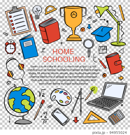 HOME SCHOOLING Various School Supplies For Learning Of Students On The Internet Vector Banner In The Style Of Doodle Hand Drawn With A Place For Your Text HOME SCHOOLING Various School Supplies For Learning Of Students On The Internet Vector Banner In The Style Of Doodle Hand Drawn With A Place For Your Text 94955024