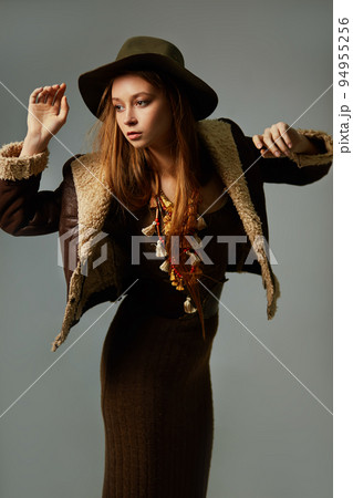 Fashion Model in the studio. Beautiful Sexy Woman In Stylish Fashionable Fall Clothes. Fashion Model in the studio. Beautiful Sexy Woman In Stylish Fashionable Fall Clothes. 94955256