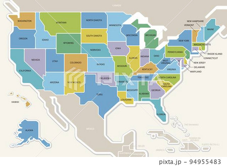 アメリカ合衆国の地図 50州色分け 州名入り 北アメリカのイラスト素材 [94955483] - PIXTA