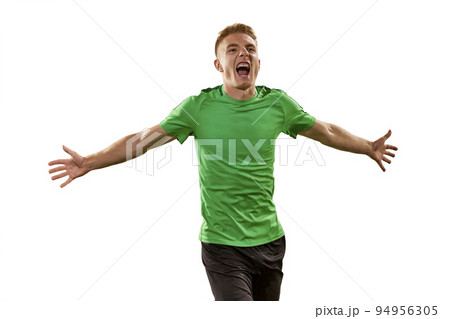 Goal. Excited football player shouting, expressing win emotions isolated over white background. Sport, win, victory, champion and success concept 94956305