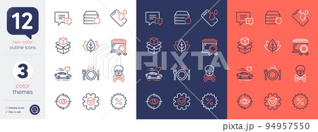 Set of Smartphone waterproof, Food and Discount line icons. Include Comment, Best market, Packing boxes icons. Recovery server, Cogwheel, Organic tested web elements. Eye target. Vector 94957550