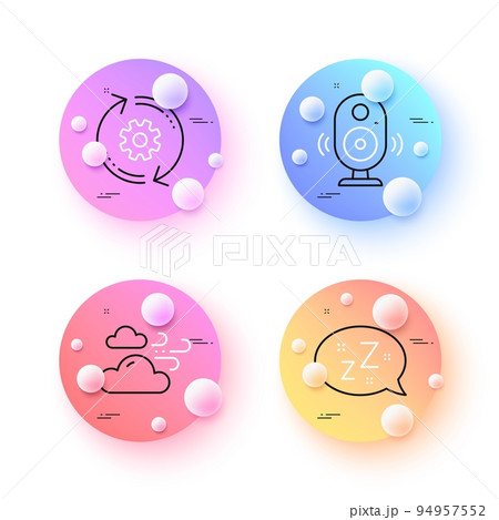 Sleep, Cogwheel and Windy weather minimal line icons. 3d spheres or balls buttons. Speaker icons. For web, application, printing. Zzz bubble, Engineering tool, Cloud wind. Music sound. Vector 94957552