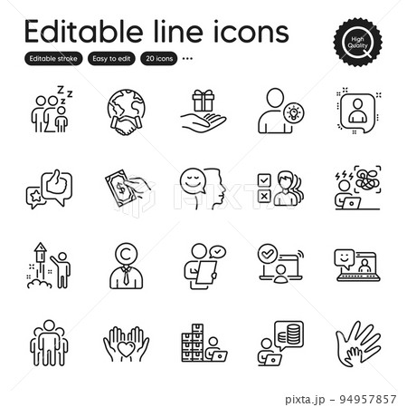 Set of People outline icons. Contains icons as Group, Sleep and Budget accounting elements. Difficult stress, Good mood, User idea web signs. Opinion, Pay money, Social responsibility elements. Vector Set of People outline icons. Contains icons as Group, Sleep and Budget accounting elements. Difficult stress, Good mood, User idea web signs. Opinion, Pay money, Social responsibility elements. Vector 94957857