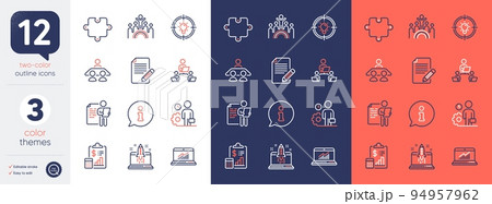 Set of Report, Teamwork and Inclusion line icons. Include Idea, Puzzle, Job interview icons. Online statistics, Article, Info web elements. Employee, Interview job, Start business. Vector 94957962