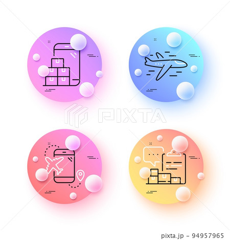 Inventory report, Airplane and Flight destination minimal line icons. 3d spheres or balls buttons. Mobile inventory icons. For web, application, printing. Vector 94957965