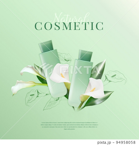 Natural Cosmetic Product and Calla Lily Flowers on Green Background 94958058