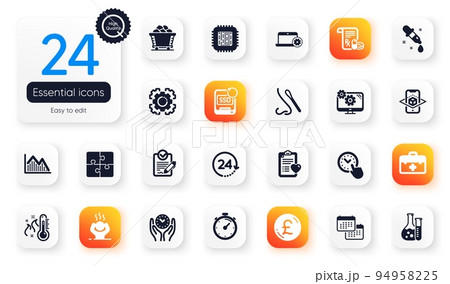 Set of Science flat icons. 24 hours, Pound money and Rfp elements for web application. Timer, High thermometer, Augmented reality icons. Chemistry lab, Calendar, Coal trolley elements. Vector 94958225