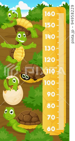 Kids height chart ruler with cartoon turtles. Cheerful tortoise animal characters. Child growth meter vector ruler or kids height measure centimeters scale, growth chart with funny turtle personages 94958229
