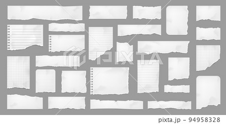 White torn paper, rip paper pieces and notebook page strips with ripped corners, vector note sheets. Torn paper shreds from copybook, lined and chequered pages with holes for banners or message memo White torn paper, rip paper pieces and notebook page strips with ripped corners, vector note sheets. Torn paper shreds from copybook, lined and chequered pages with holes for banners or message memo 94958328