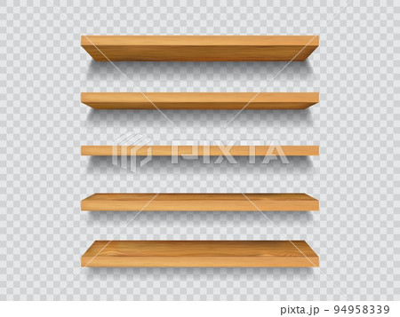 Wooden shelf, wood shelves or bar stands and supermarket displays, realistic 3D vector. Bookshelf mockup on transparent wall, table or cabinet racks, exhibition stand or library desk shelves 94958339