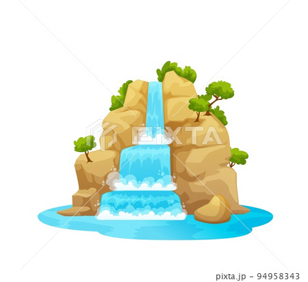Mountain waterfall stream, isolated cartoon water cascade. Falling from cliff water cascade, tropical nature scene background. Island waterfall vector game asset with forest trees on cliff 94958343