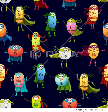 Cartoon minerals superhero characters seamless pattern. Fabric print, gift wrapping paper decoration or vector backdrop with minerals supplements pill or dragee funny personages in face mask and cape Cartoon minerals superhero characters seamless pattern. Fabric print, gift wrapping paper decoration or vector backdrop with minerals supplements pill or dragee funny personages in face mask and cape 94958346
