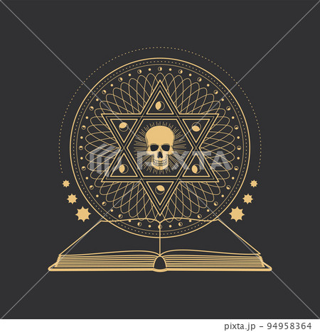 Occult pentagram, skull in hexagram and black magic book, esoteric and tarot vector symbol. Occultism, magic alchemy and witchcraft cult sign of skull and hexagram star with sun and moon circle 94958364