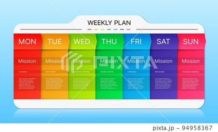 Week timeline planner schedule, diary calendar or day timetable, vector business events template. Week planner timeline for education calendar, office work management schedule and mission task plan Week timeline planner schedule, diary calendar or day timetable, vector business events template. Week planner timeline for education calendar, office work management schedule and mission task plan 94958367