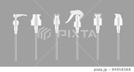 Pump droppers, spray bottle caps and cosmetic container or dispenser lids, vector realistic mockups. White plastic dropper pump of lotion cream, shampoo foam or liquid soap and moisturizer gel caps 94958368