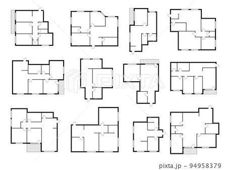 Apartment plans, floor and house room layout, vector home floorplan. Architecture plan of apartment interior project, architect technical blue print template with wall line view for planning Apartment plans, floor and house room layout, vector home floorplan. Architecture plan of apartment interior project, architect technical blue print template with wall line view for planning 94958379