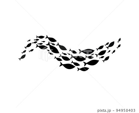 Ocean tuna or cod, flock of aquarium animals, shoal and fish school. Vector marine fish flock silhouette, swirl of seafood emblem, plenty of fish 94958403