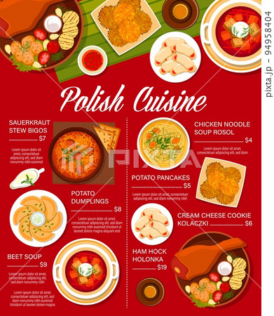 Polish cuisine menu with traditional food vector dishes of vegetables and meat. Potato dumplings pierogi and pancakes, sauerkraut stew bigos and chicken noodle soup, cookies, ham hocks and borscht 94958404