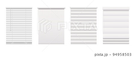 Roller window blinds and curtains, roll jalousie. Isolated vector plastic or aluminum shutter, closed and open louvers front view. Home facade venetian blinds roll jalousie realistic 3d mockup 94958503