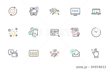 Currency rate, Correct answer and New mail line icons for website, printing. Collection of Wallet, Search flight, Cogwheel icons. Bus parking, Update comments, Touchscreen gesture web elements. Vector Currency rate, Correct answer and New mail line icons for website, printing. Collection of Wallet, Search flight, Cogwheel icons. Bus parking, Update comments, Touchscreen gesture web elements. Vector 94958632
